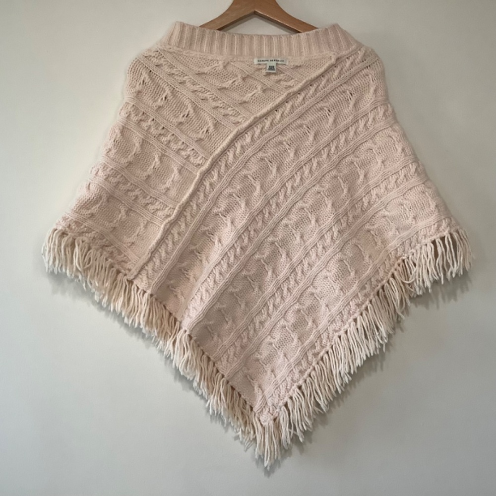 Banana Republic Wool Cape Poncho Cable Knit Fringe V Neck Triangle Ivory Pink - Picture 7 of 7